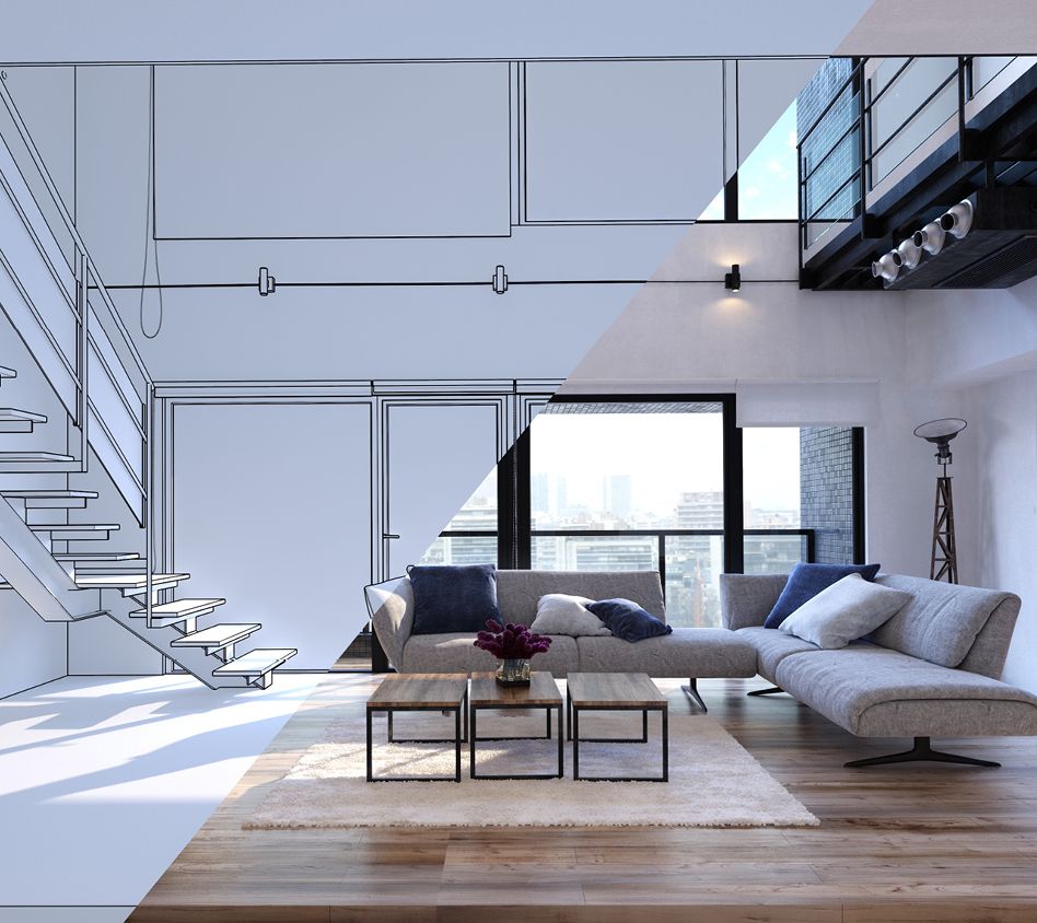 Geteilte Ansicht aus Wohnraum und 3D-Innenraumplanung.